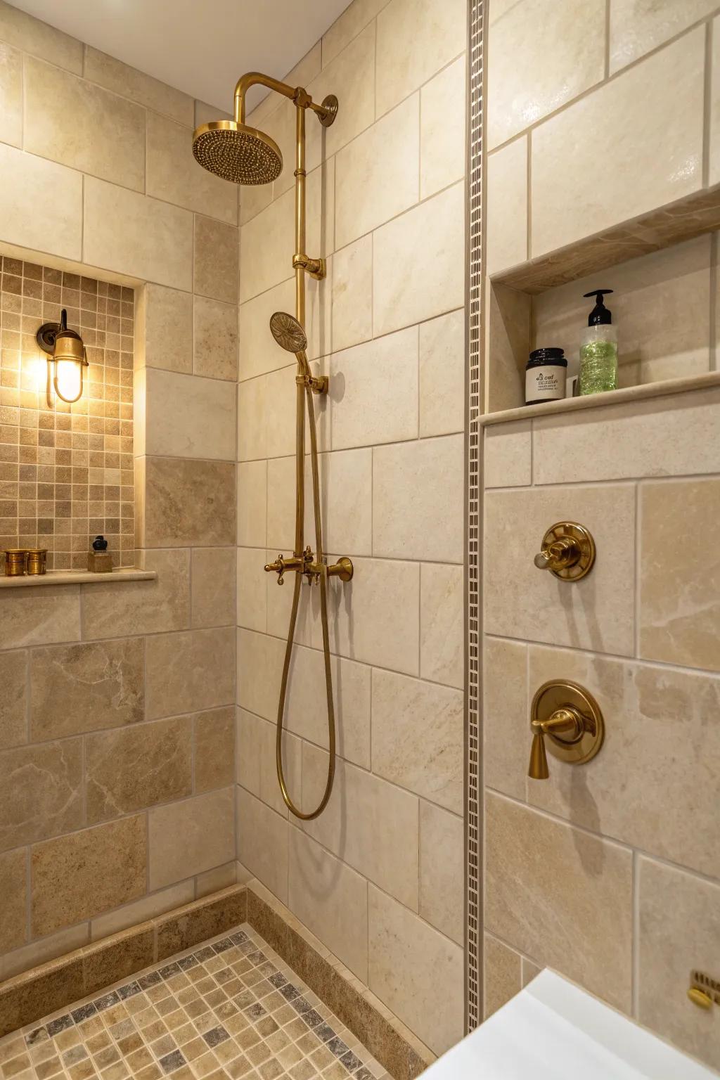 Brass fixtures elevate the elegance of beige tiles.