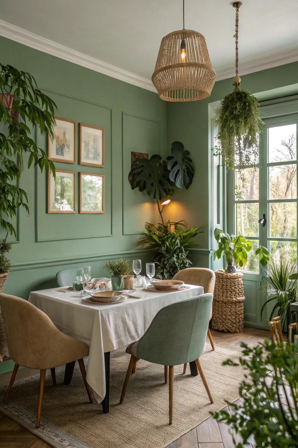 Herbal green brings a touch of nature's calm to dining rooms.