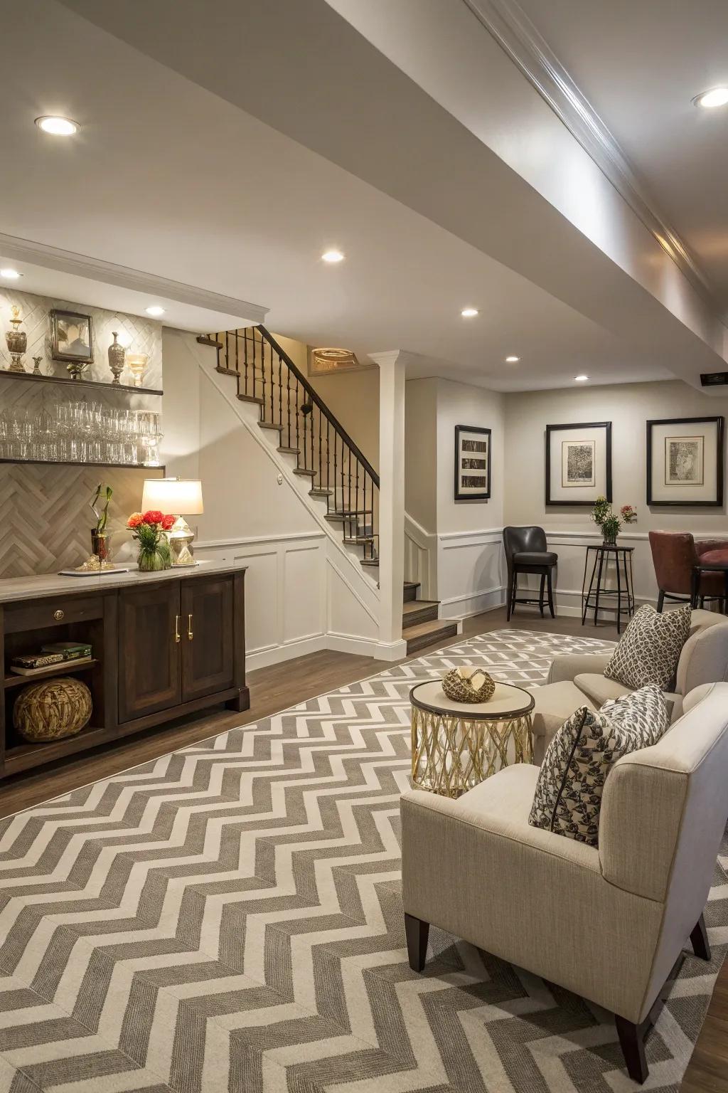 Angular patterns bring a sophisticated twist to basement flooring.
