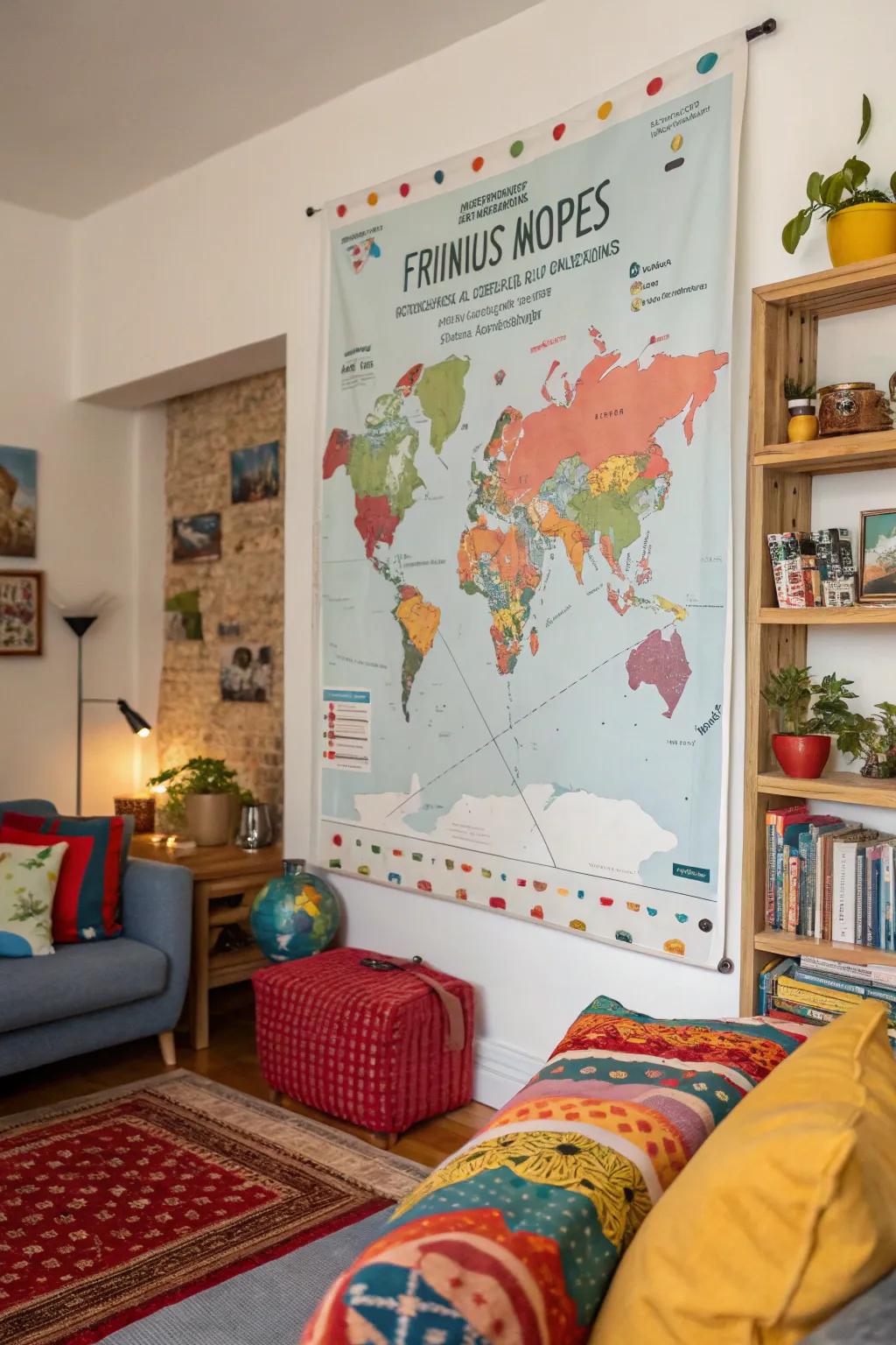 A travel map poster capturing friends' shared adventures across the globe.