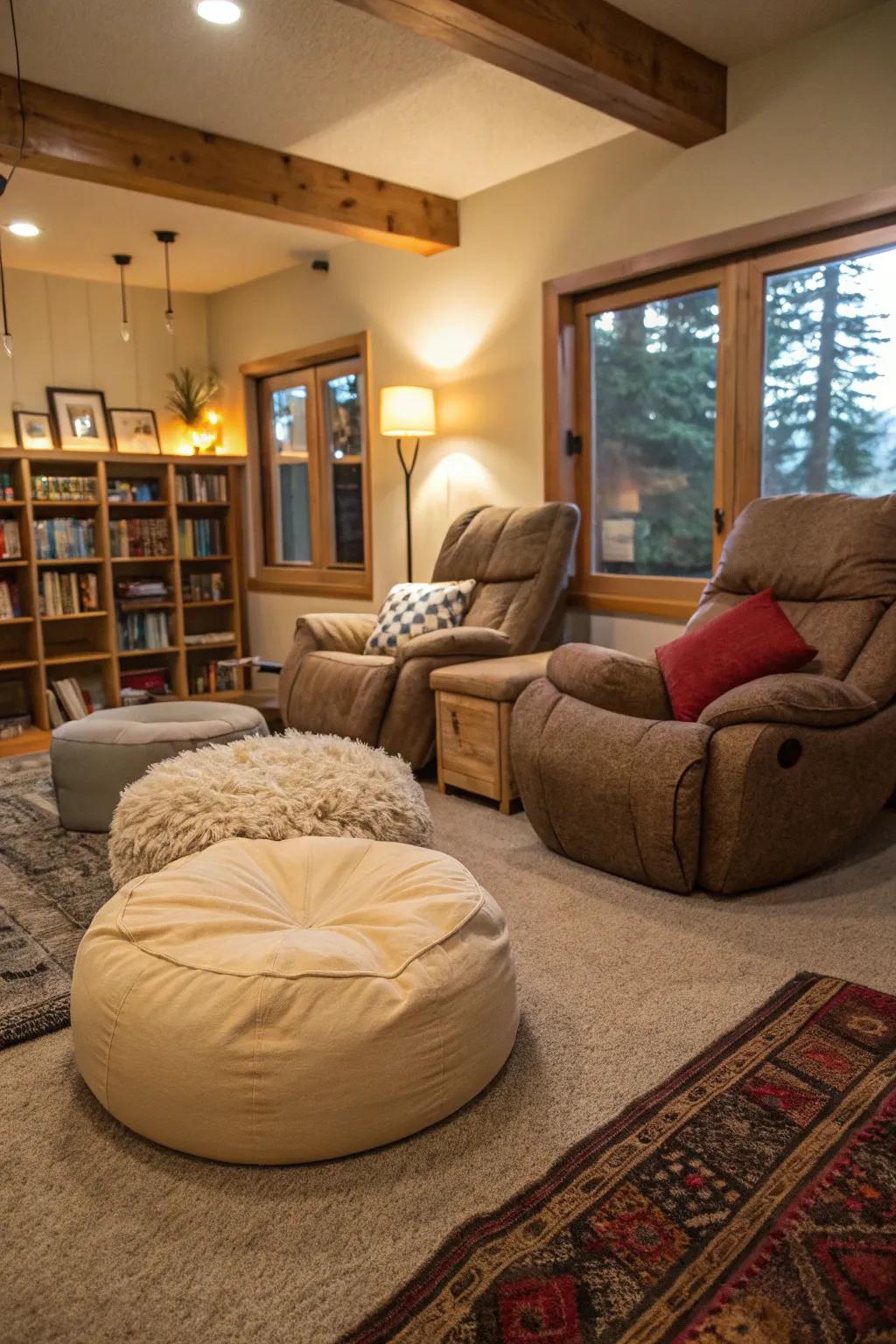 A mixed seating setup offers versatility and comfort.