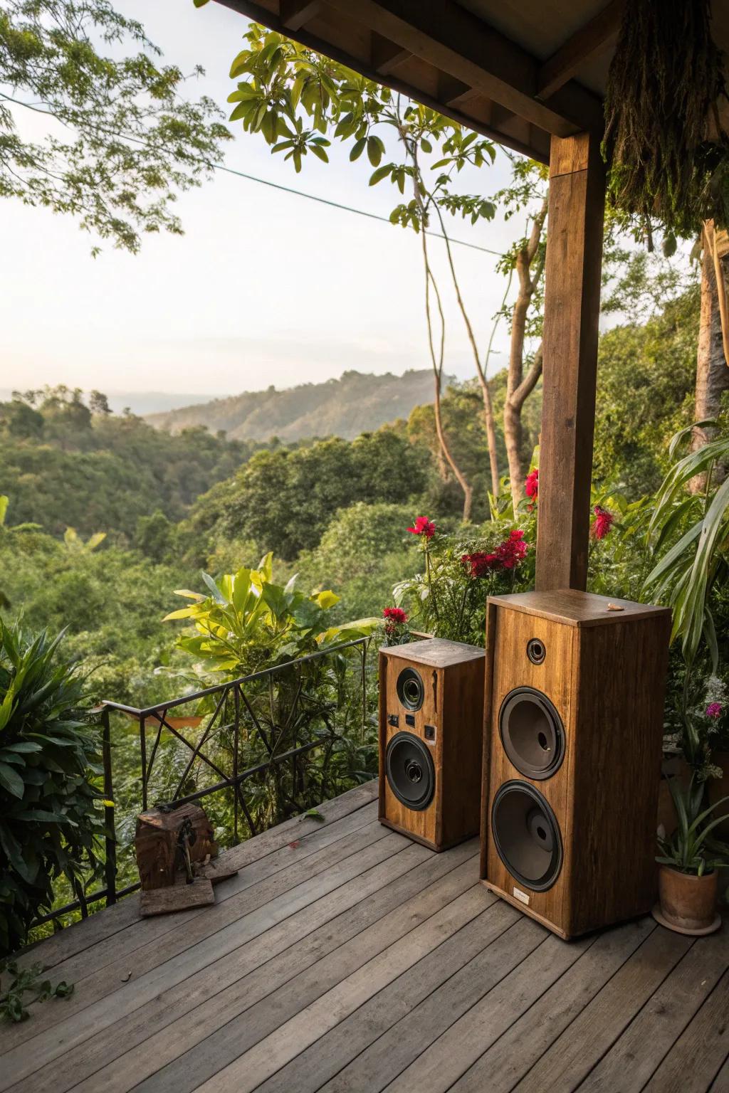 Wooden speakers bring a touch of rustic charm to any outdoor space.