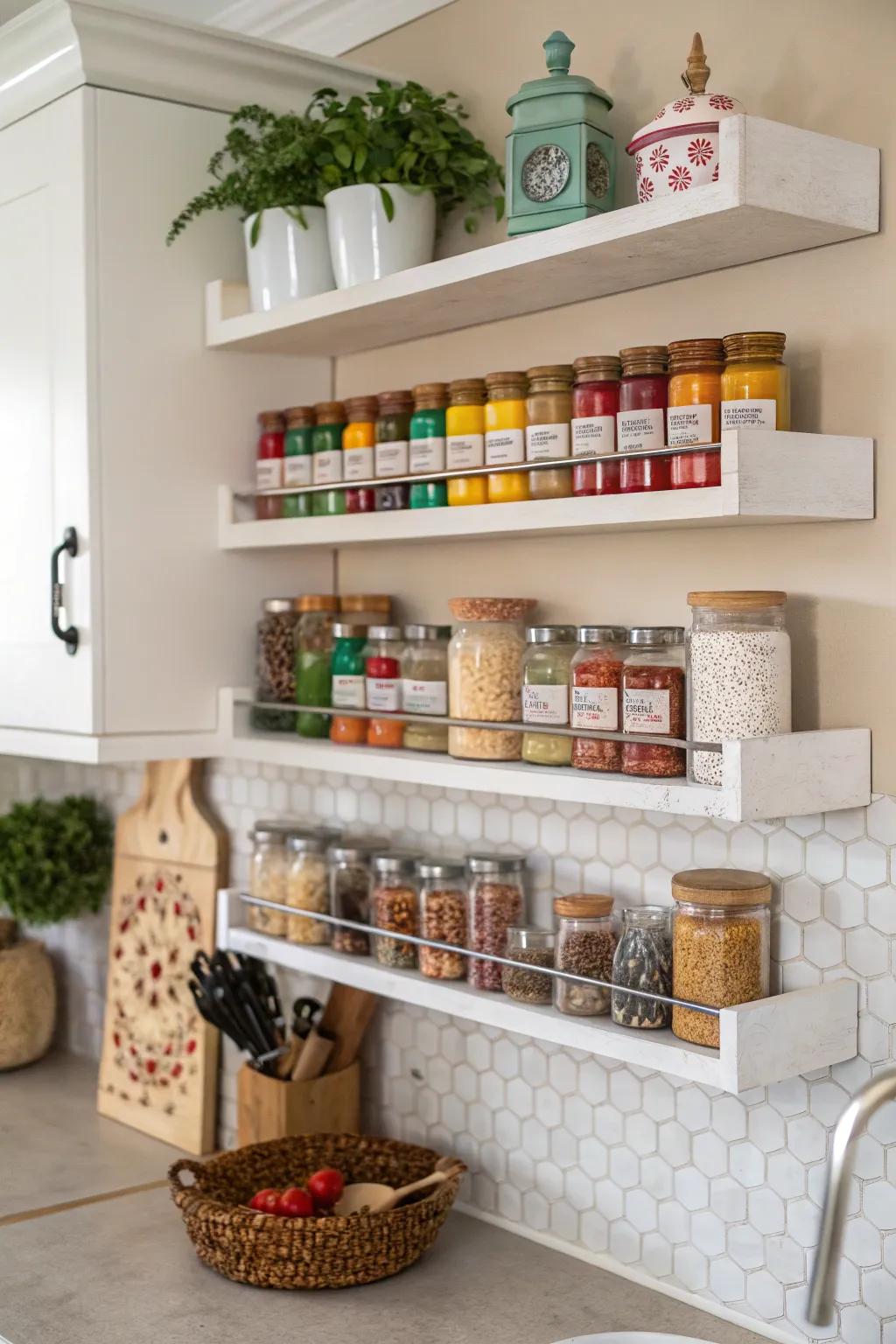 Spices displayed in a fashionable way on wall shelves.