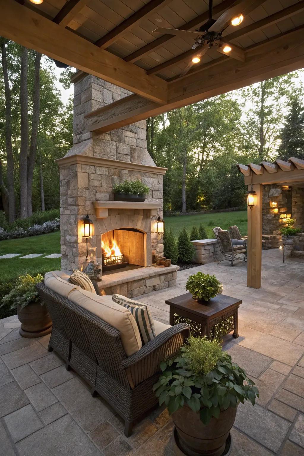 A built-in fireplace blends elegance with enduring warmth.