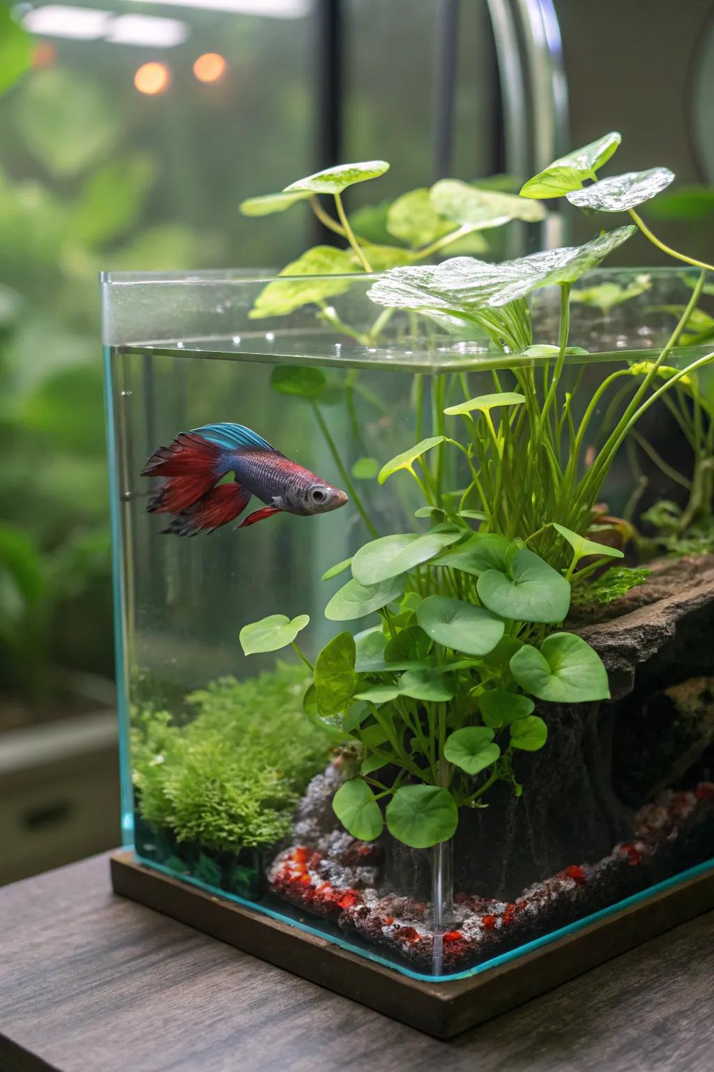 A suspended garden creates a lush overstory for your betta tank.