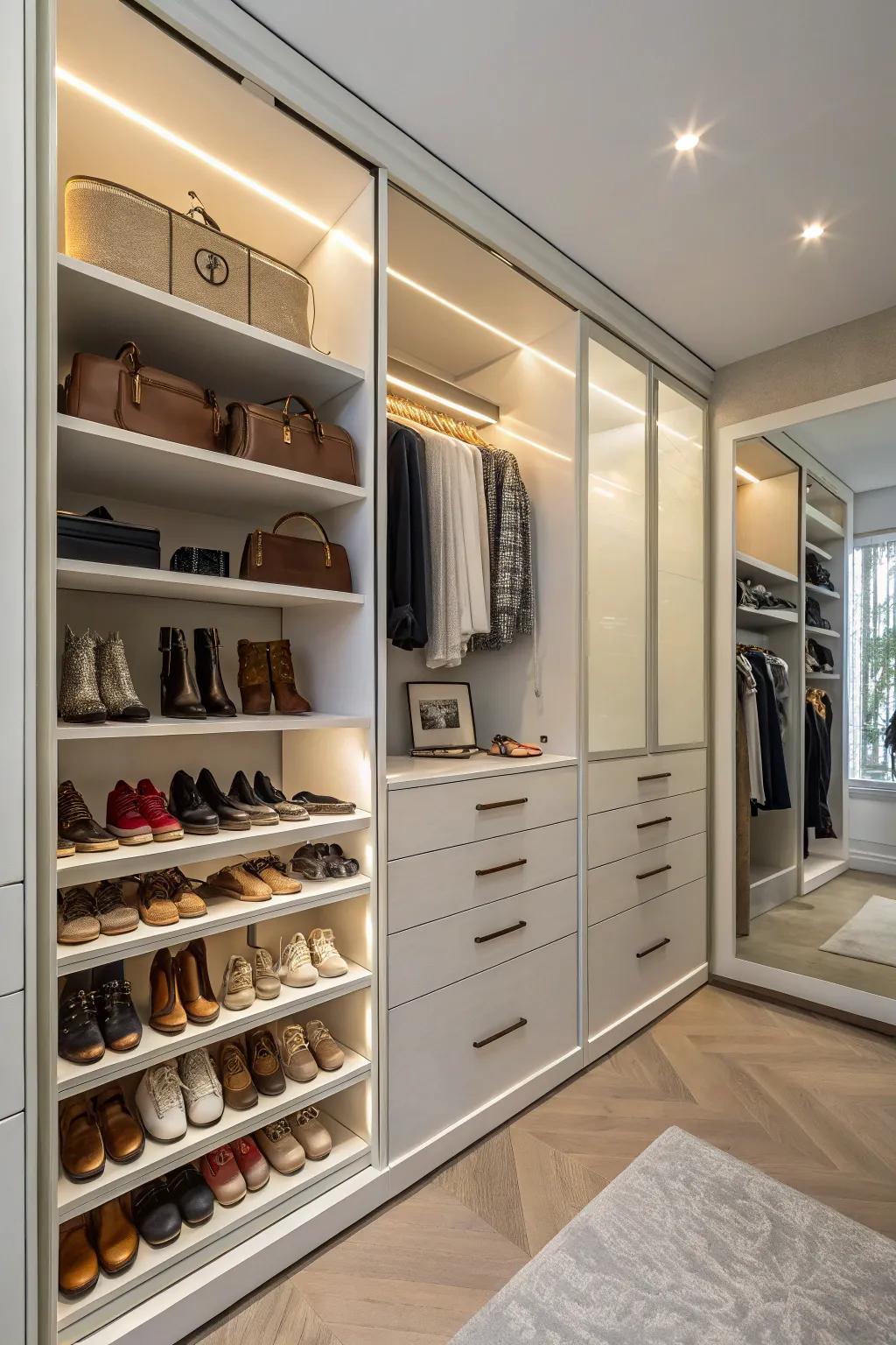 A closet featuring custom-built storage sections for footwear and extras.