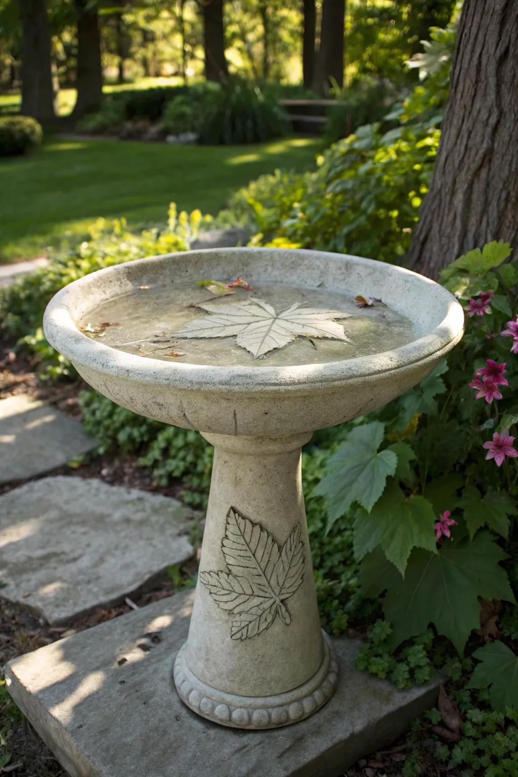 A foliage-imprinted bird bath intertwining artistry and the natural world.
