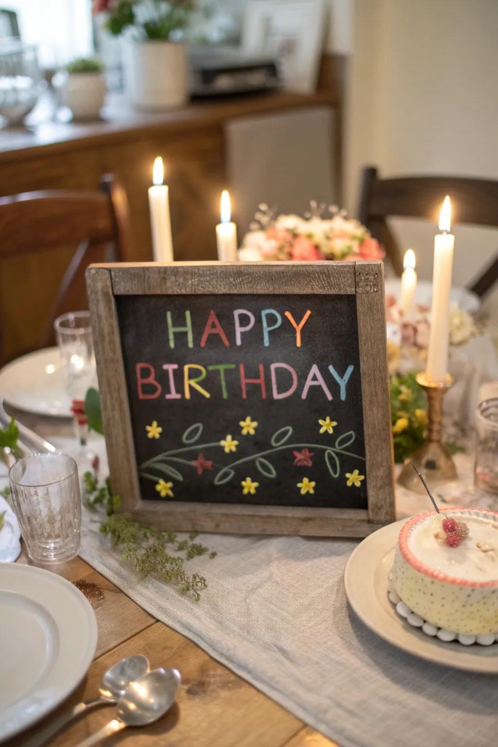 A chic chalkboard centerpiece adds a personal touch to the celebration.