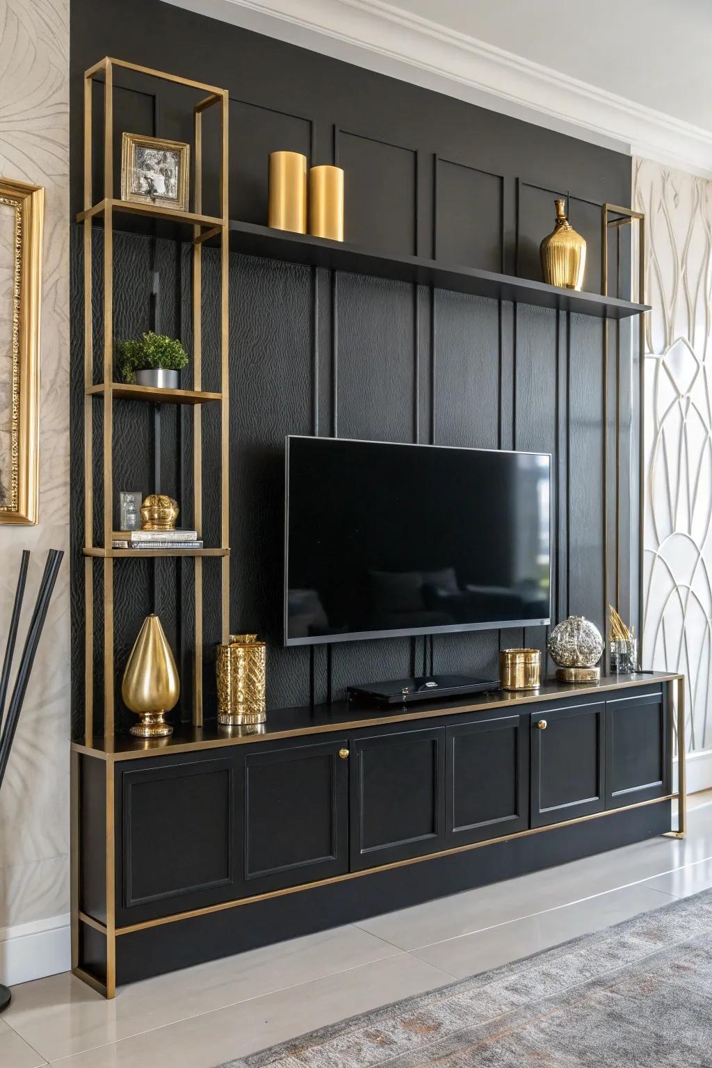 Metallic features append a hint of allure to a dark-toned statement wall.