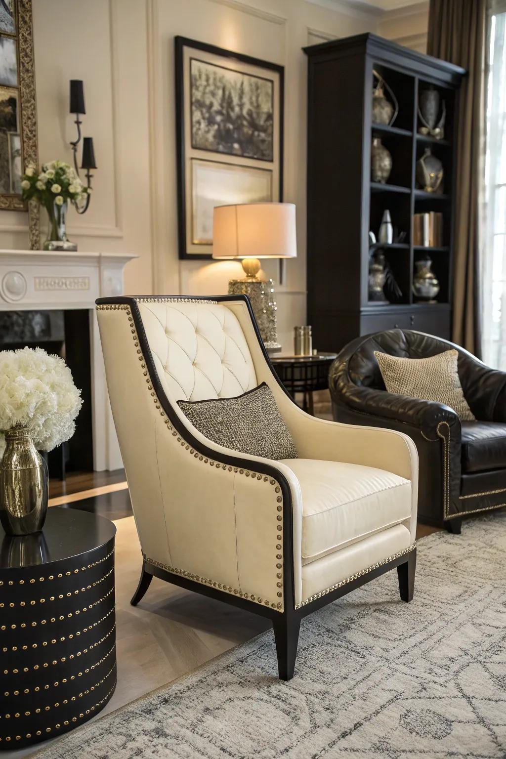 A uniquely designed ivory armchair introduces a stylish point of interest to the room.