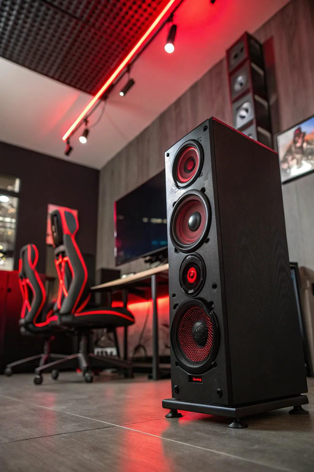 A sound system with scarlet accent lighting furnishes immersive audio for gaming.