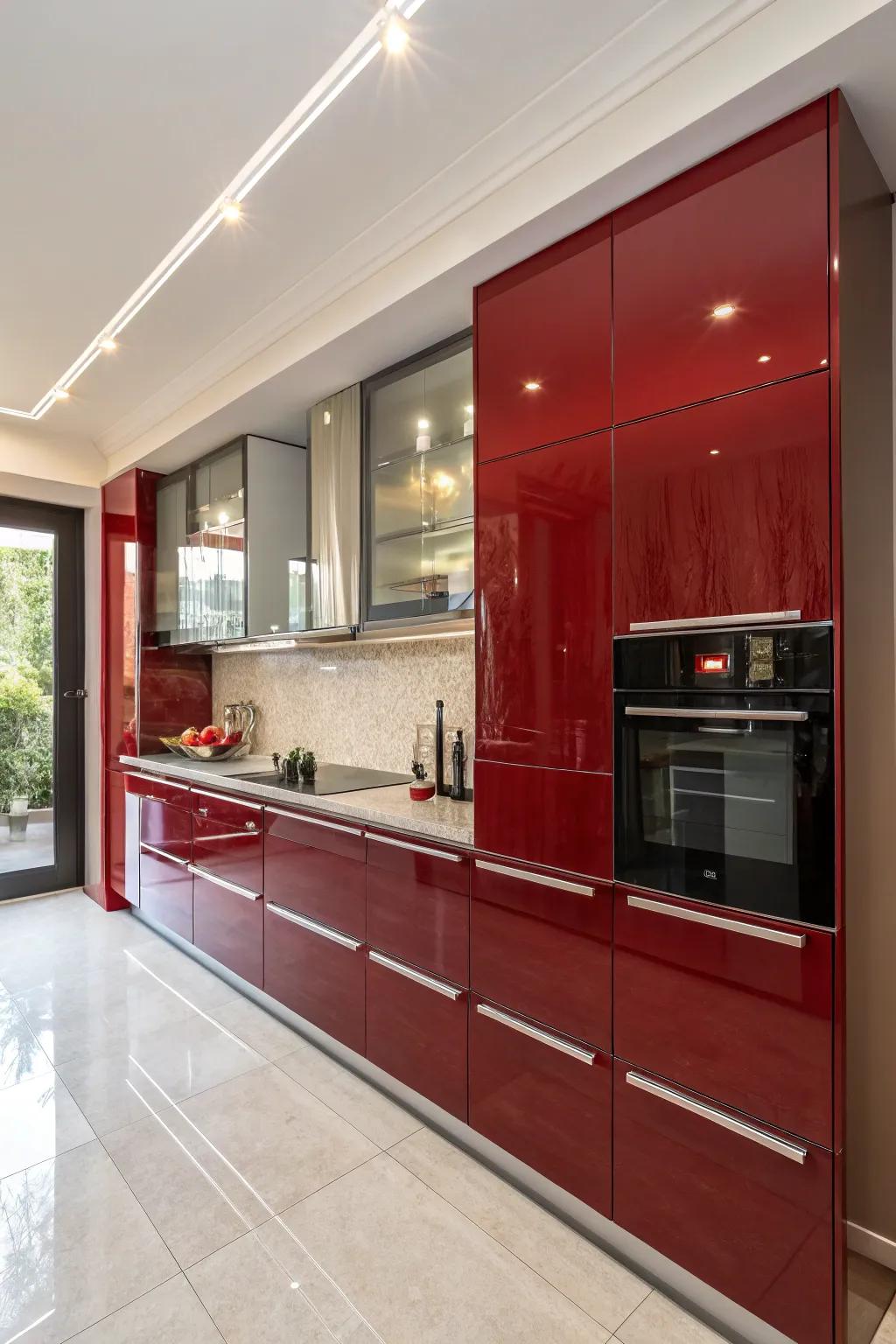 Polished scarlet cabinets contribute sophistication to the culinary blueprint.