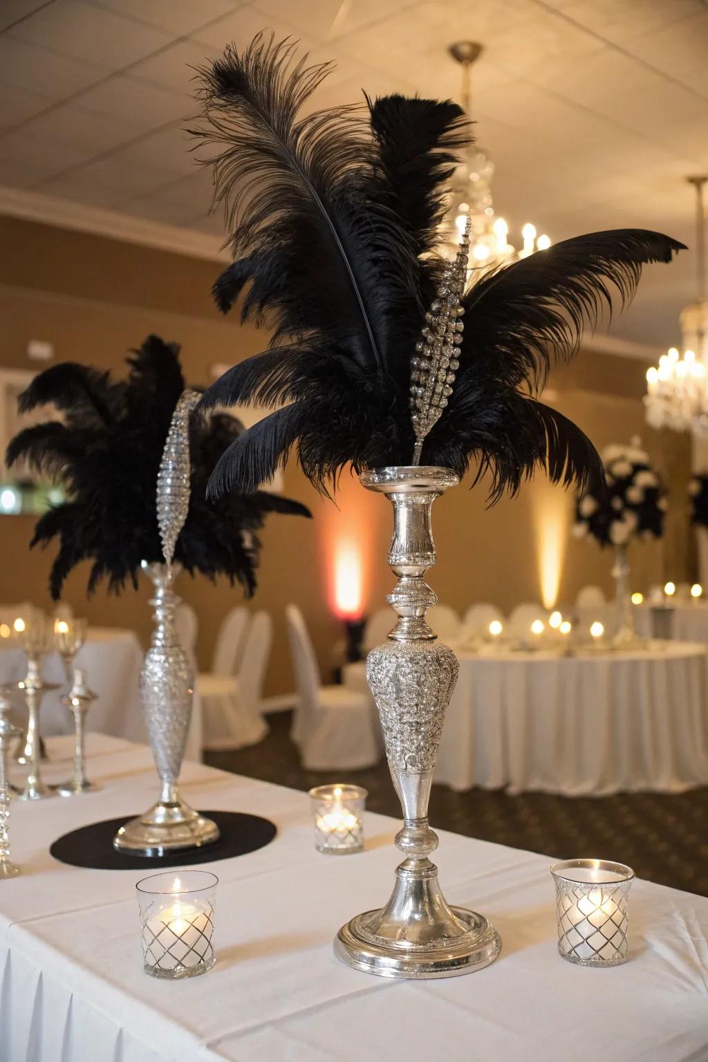 Striking centerpiece displays featuring coal and shimmer.