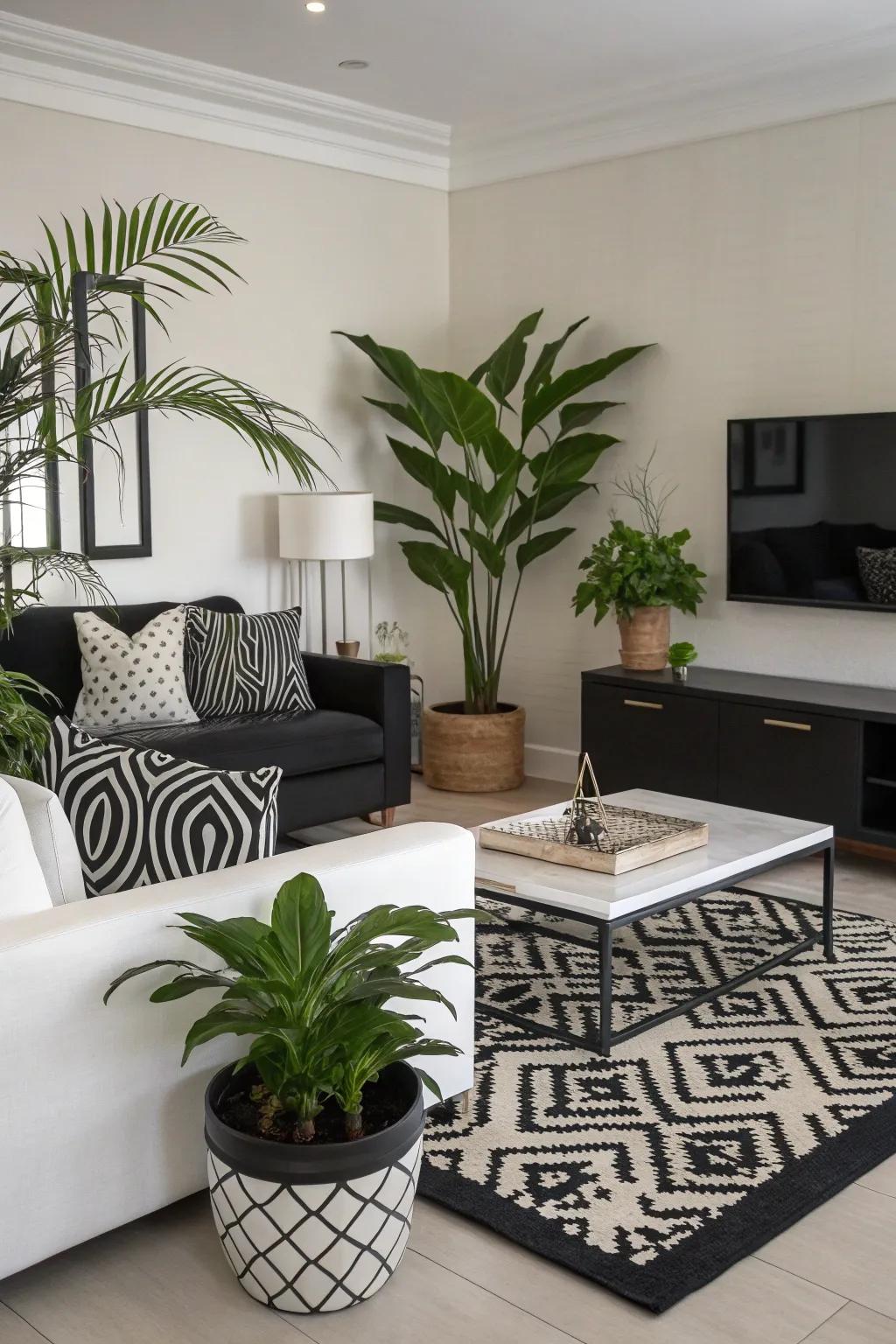 Houseplants bringing life and vibrancy to a dark and pale sitting room.
