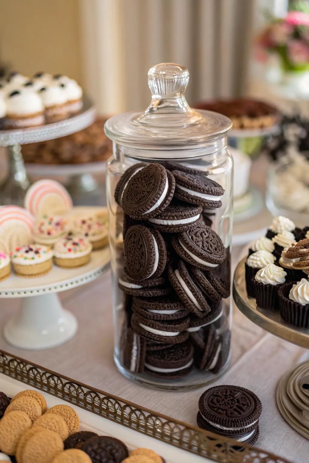 A jar filled with chocolate creme sandwich cookies adds a sweet touch to the decor.