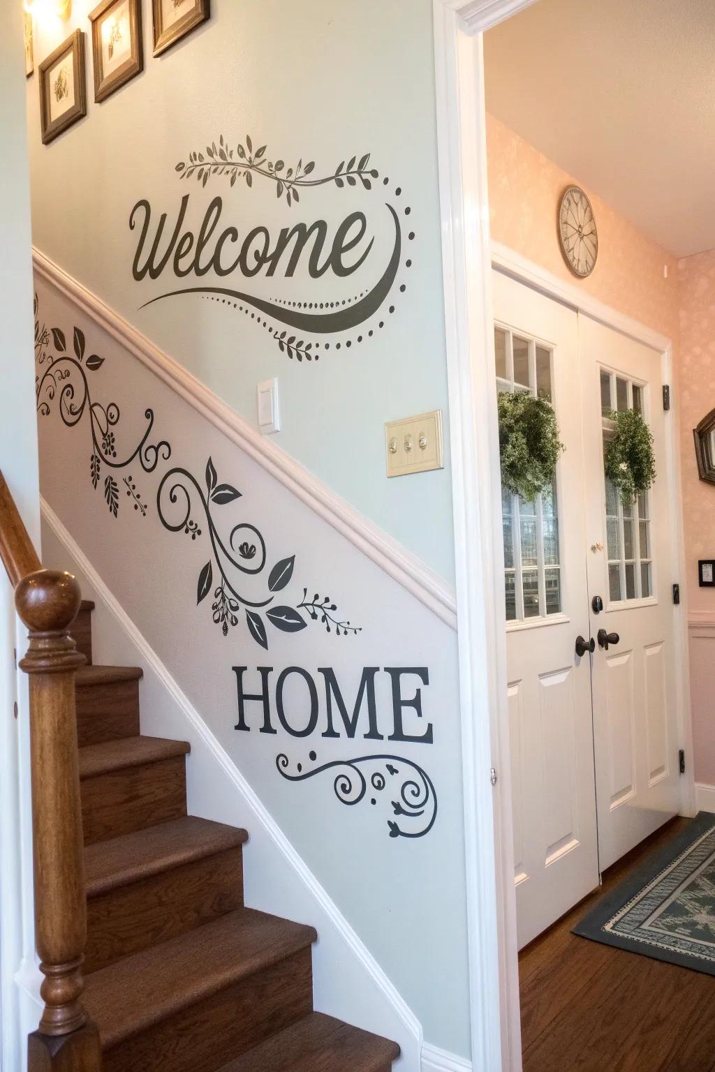 Antique script creating a warm greeting in an entryway.