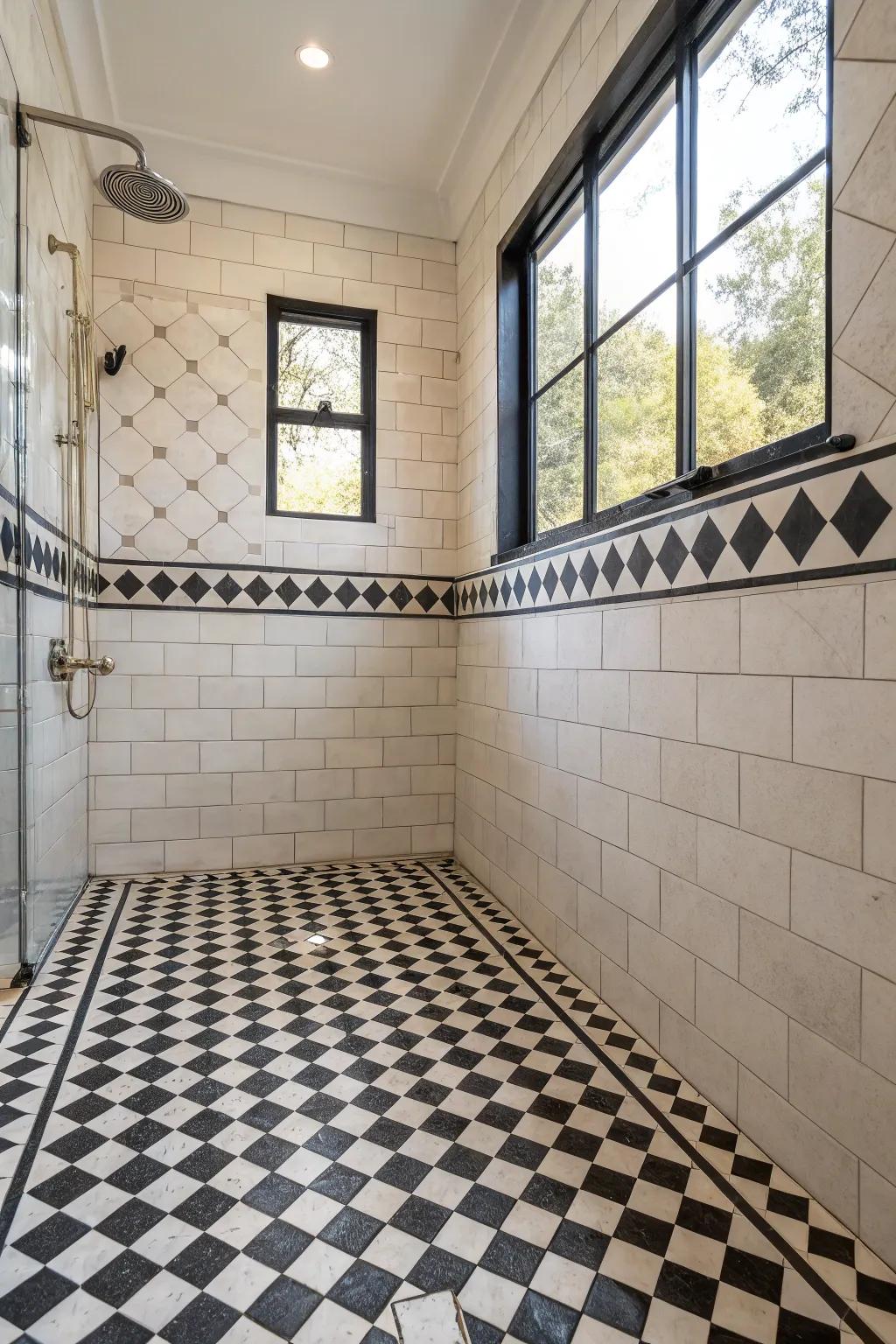 A checkered design imparts a vintage element to the shower.