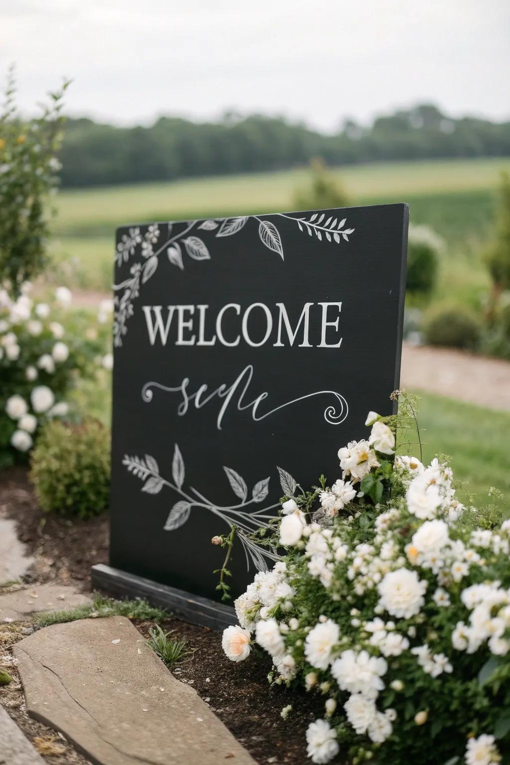 A stylish welcome sign creates a fantastic first impression for wedding guests.