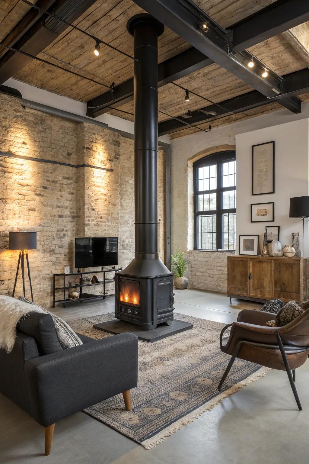 Incorporate an up-to-date industrial boundary through a streamlined dark metal hearth.