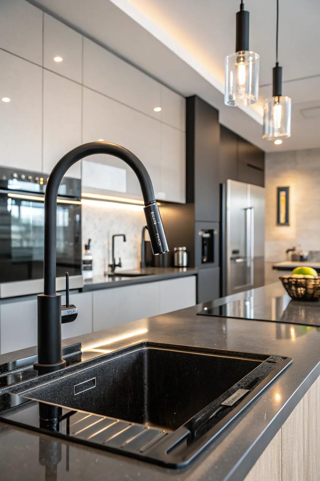 Satin black elegance complements the clean lines of this modern cooking area.