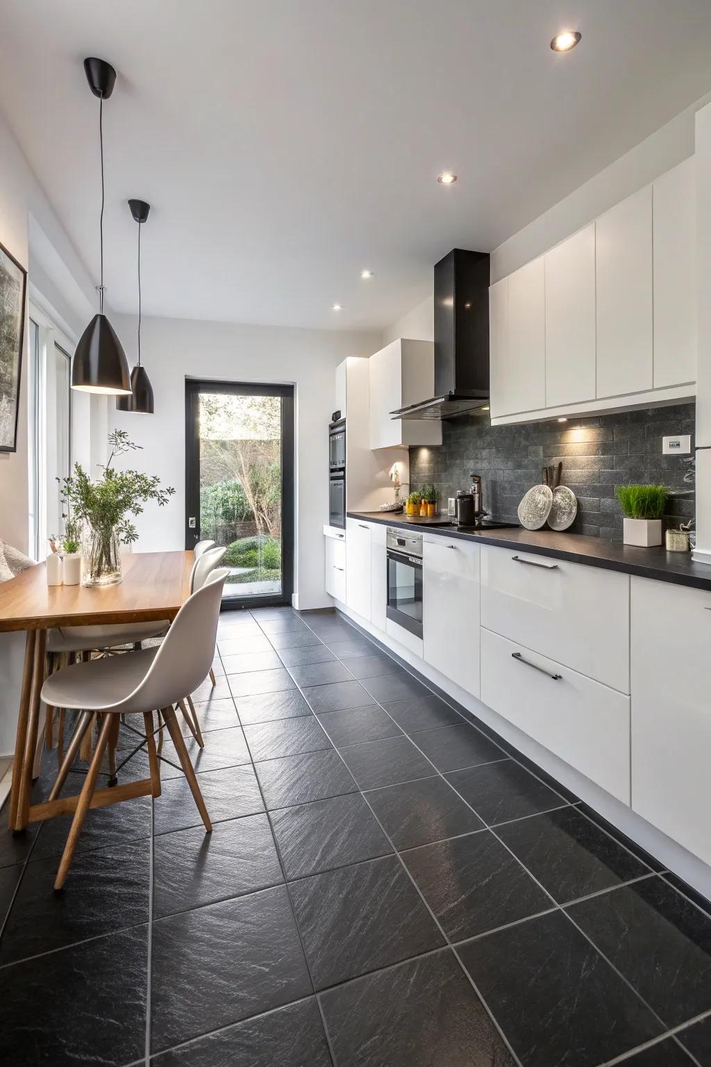 A kitchen where dark floors are brightened by crisp bright elements.
