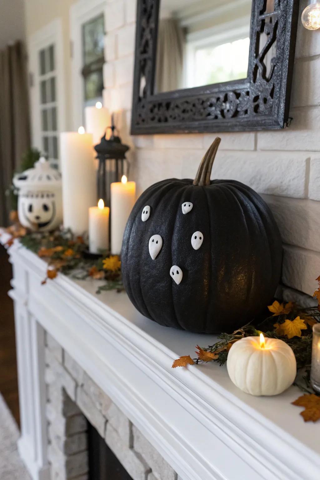 A charming amalgamation of ebony pumpkins and wraith consorts for a snug Hallows' Eve display.