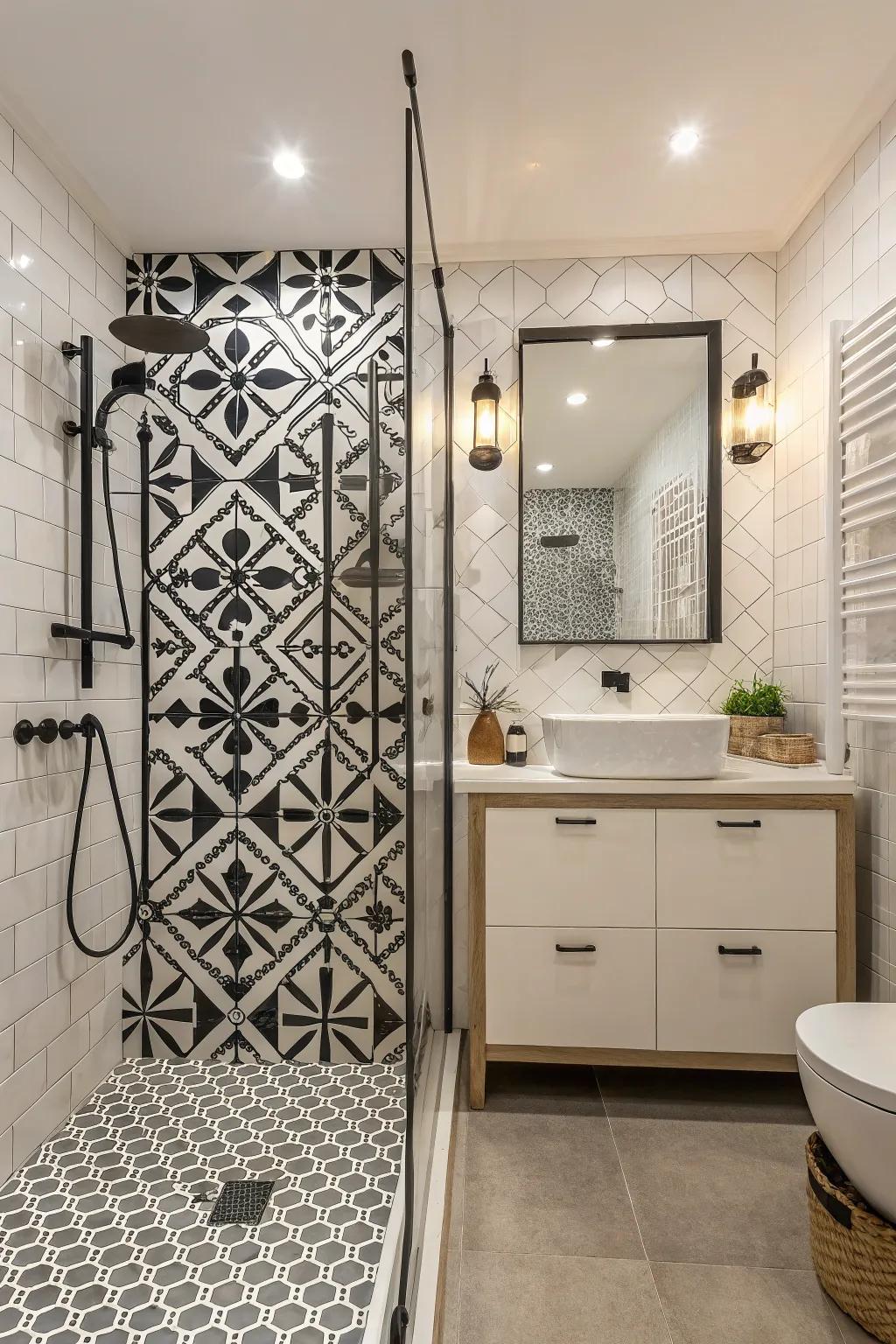 Geometric patterns add a playful twist to your shower.