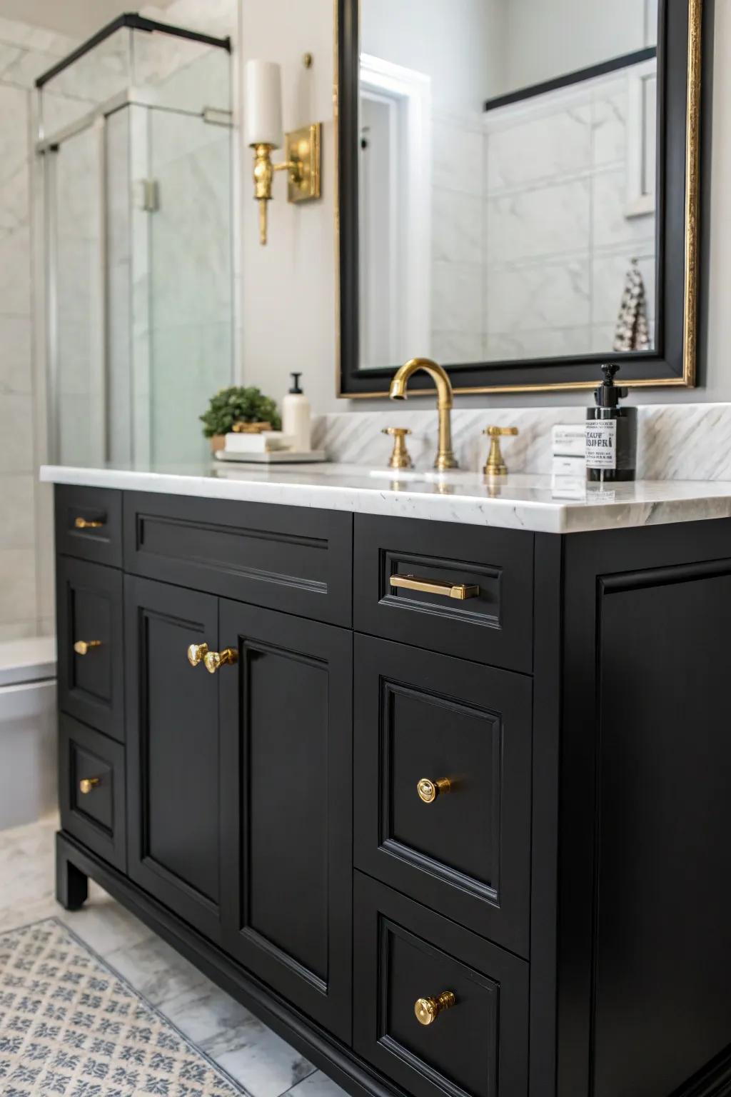 Bronze features elevate a dark washstand with a hint of enduring elegance.