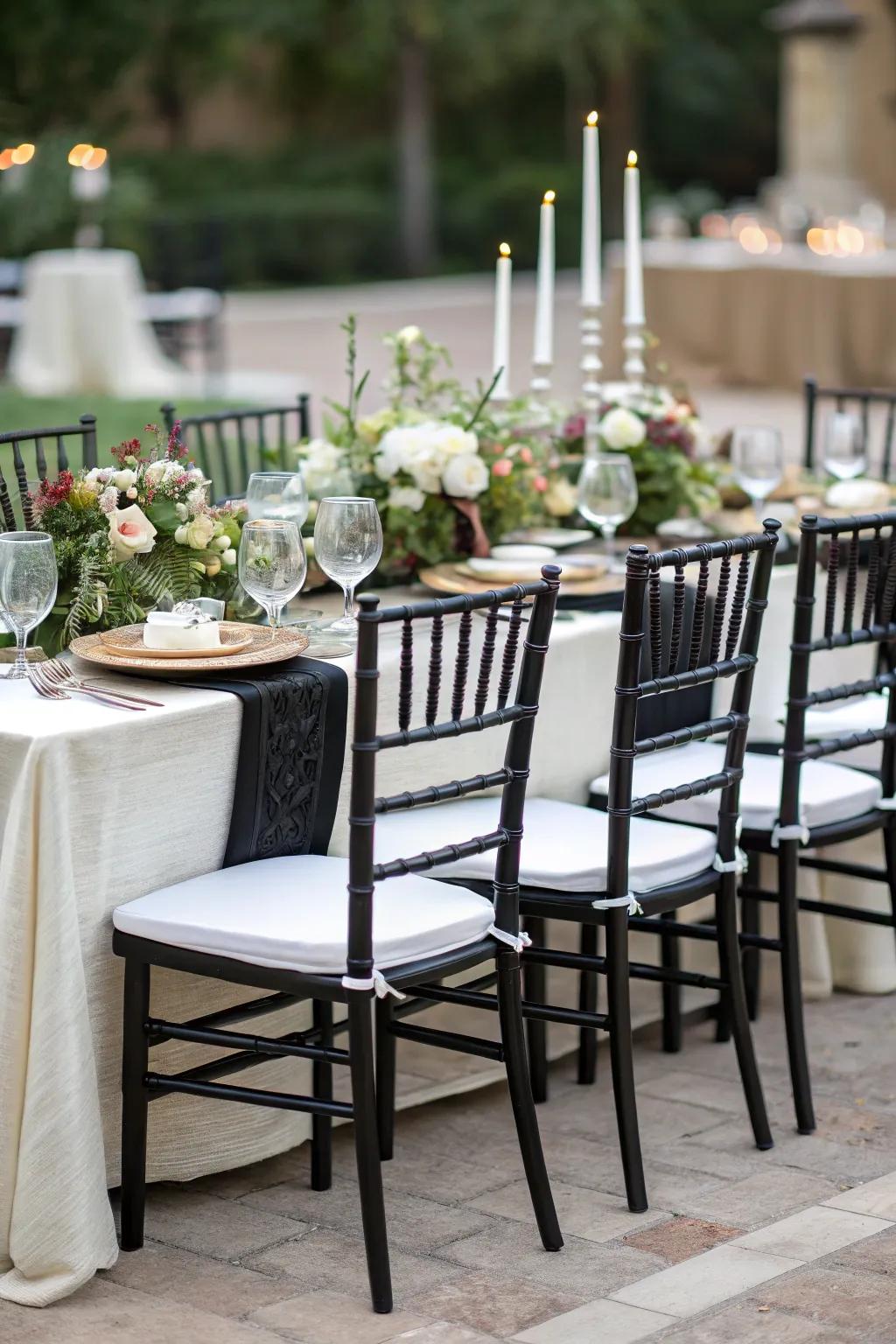 Ebony chairs with ivory bolsters complement the table decor.