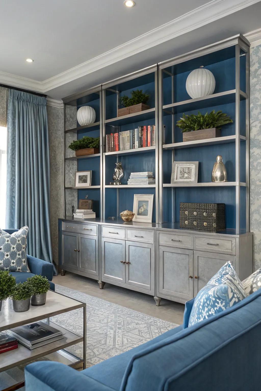 Custom shelving in blue and silver introduces flair and practicality to this living room.