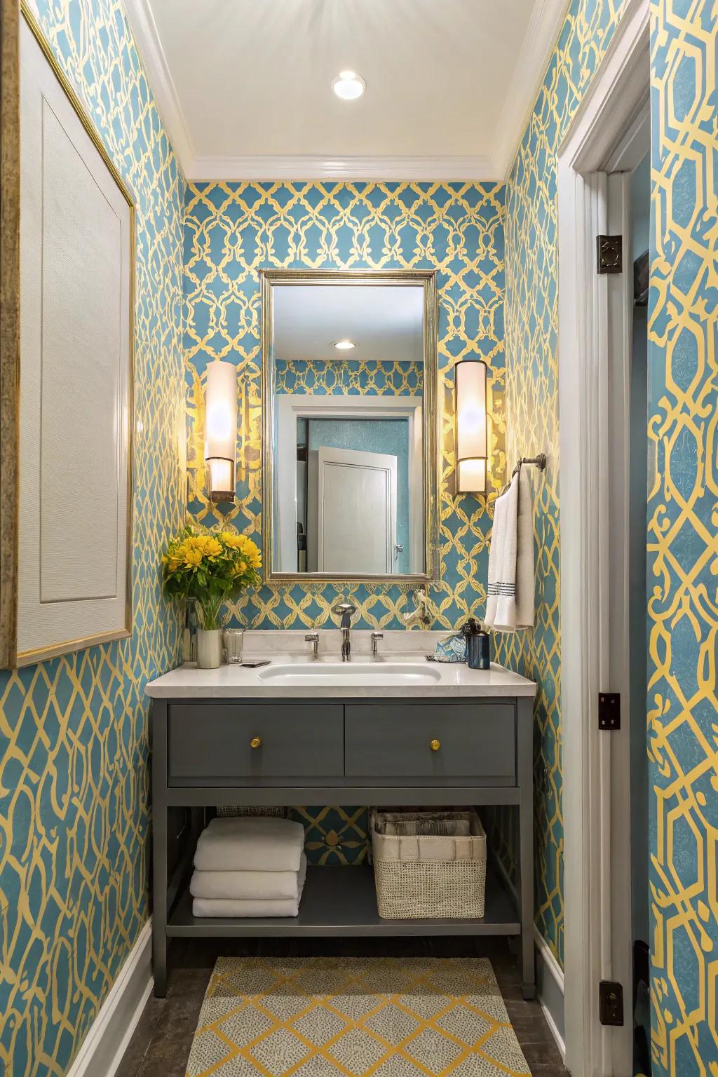 A powder room revamped with striking cerulean and golden wallcovering.