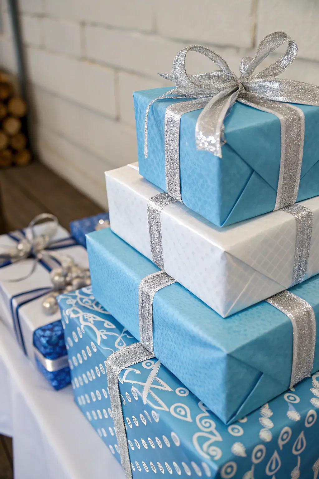 Chic azure and snow-white Christmas present enveloping