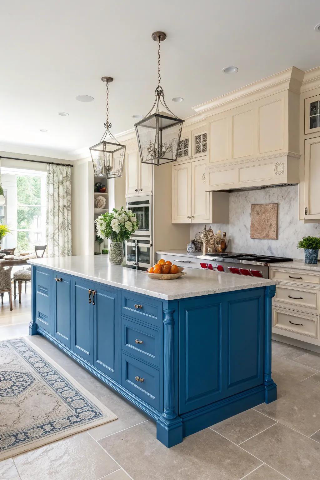 A striking azure central feature serves as a bold focal point in a neutral kitchen.