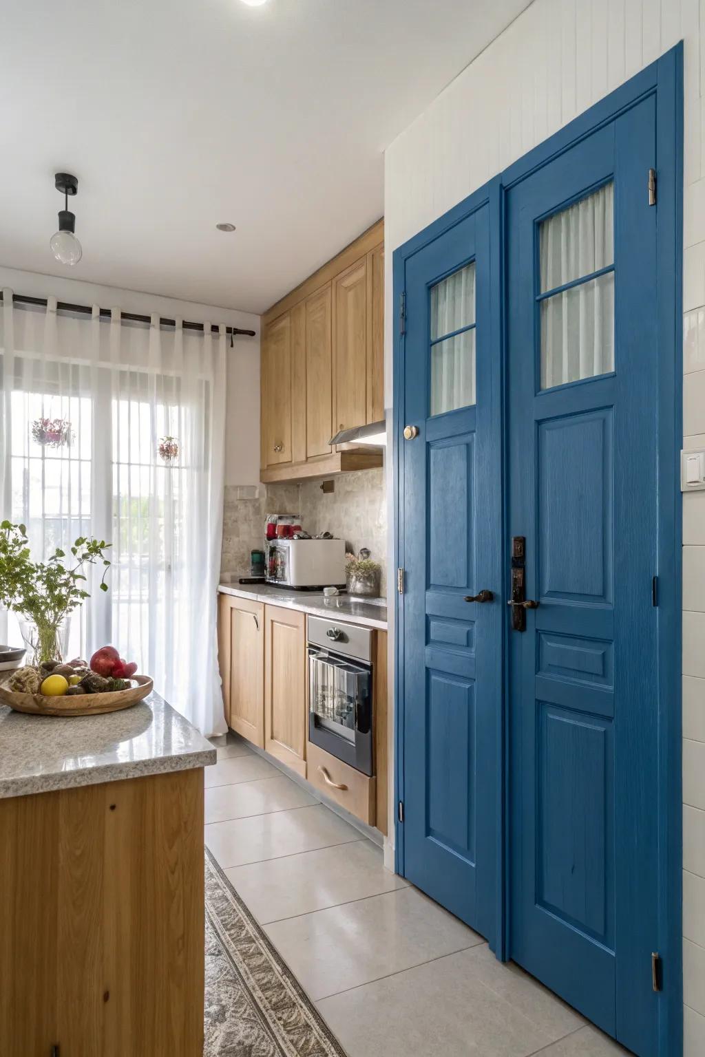 Azure storage closets bring a burst of color to the kitchen.