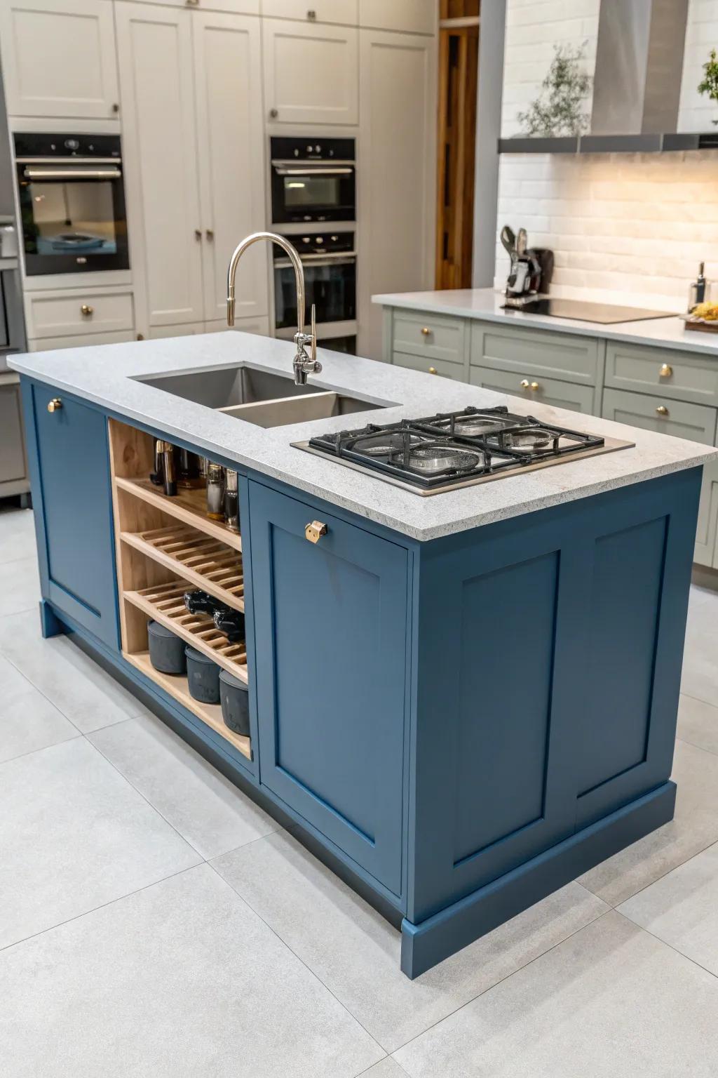Practical elements make the cerulean cooking hub a versatile kitchen hub.