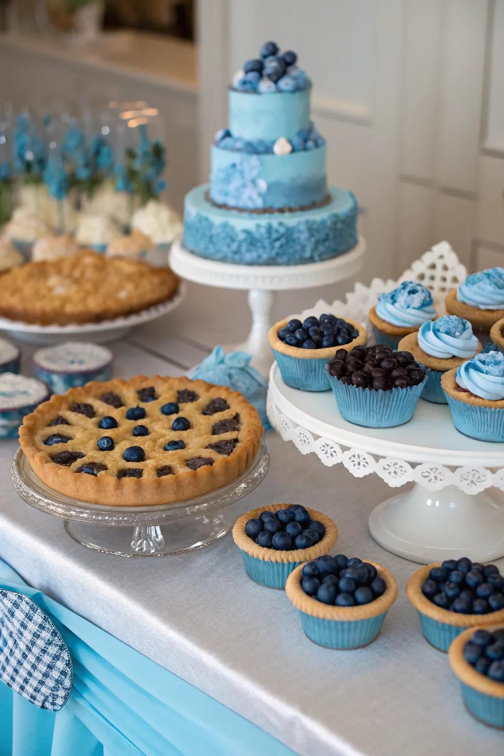 A scrumptious selection of azure-themed desserts on display.