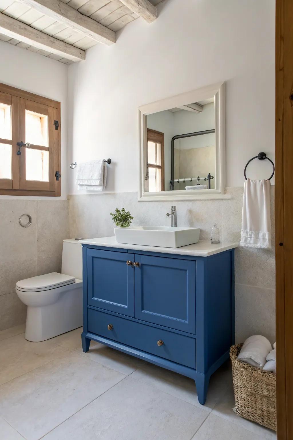 A minimalist blue vanity cultivates a serene and uncluttered sanctuary.