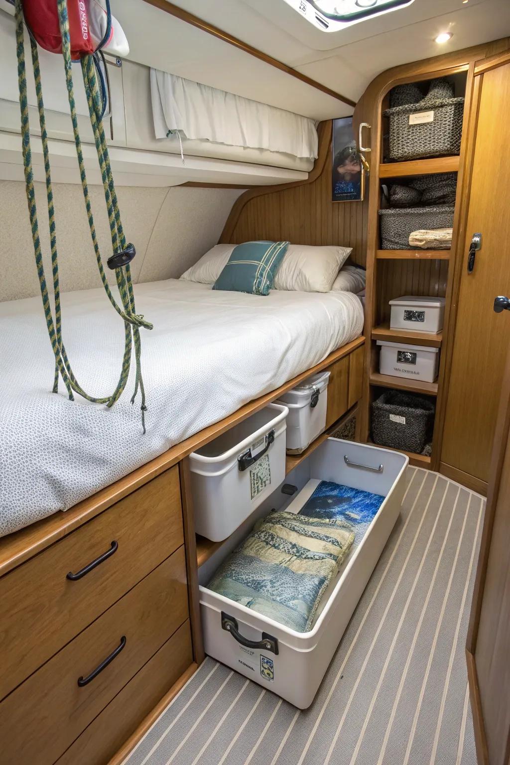 Beneath-bed stowage solutions in a boat bedroom.