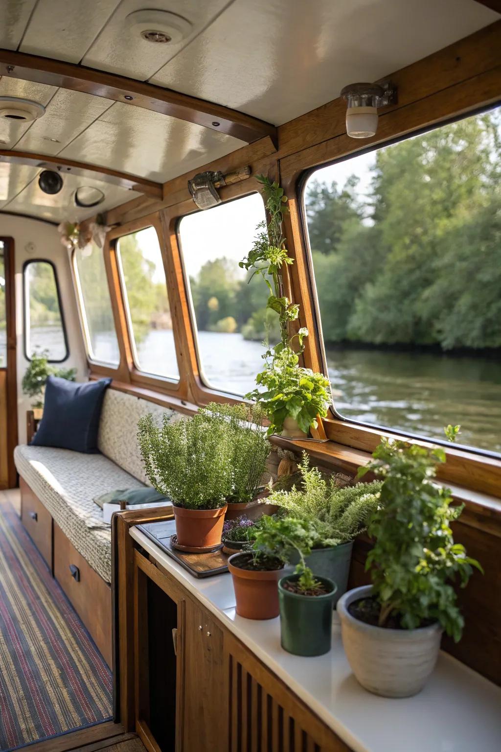 Small plants contribute a hint of nature and freshness to the boat.