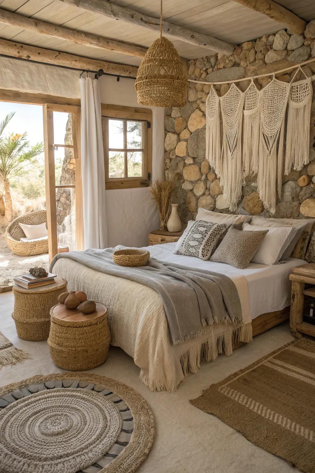 Exterior textures infuse rustic charm into your sleep chamber.
