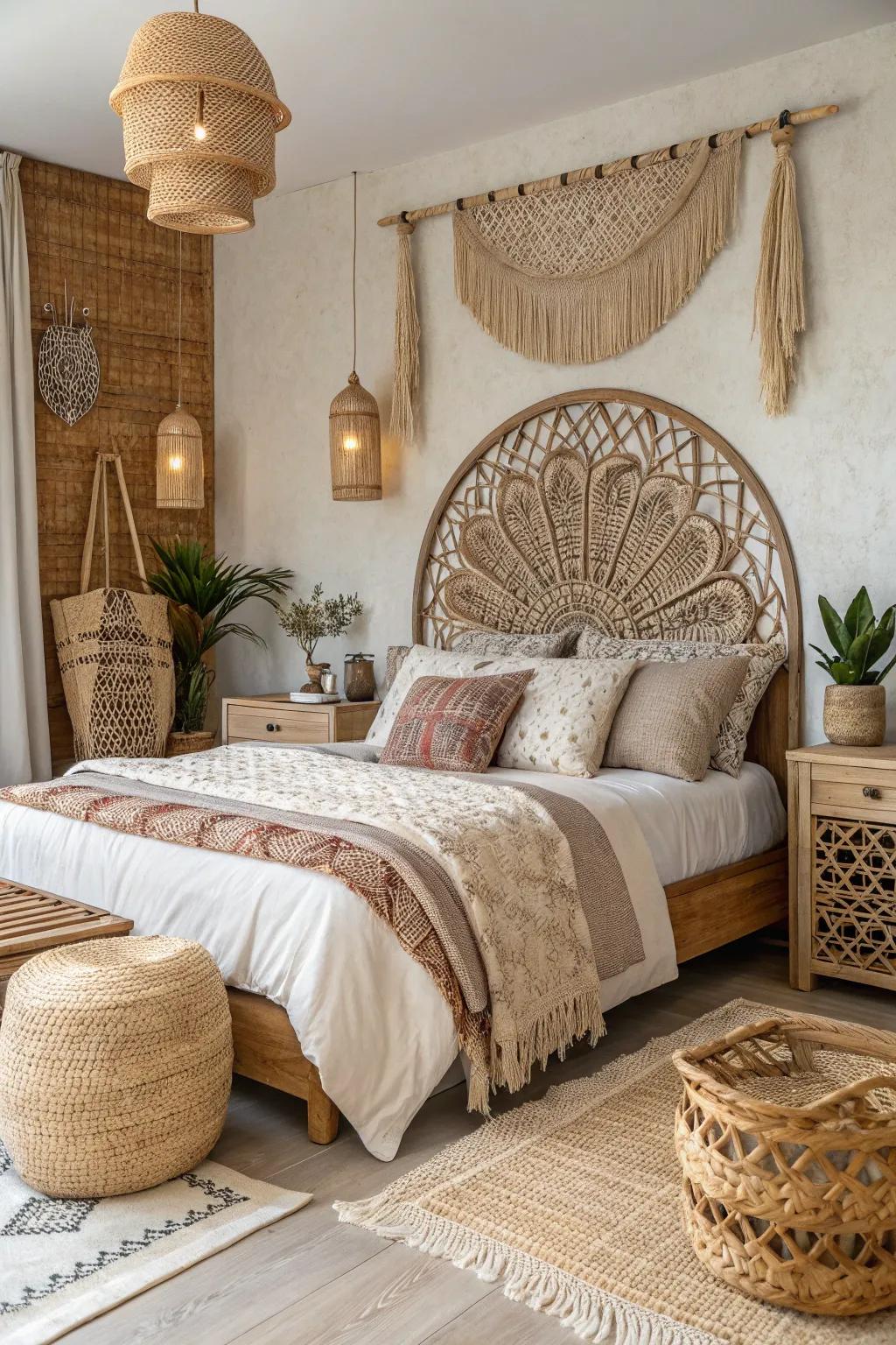 A statement headboard grounds the boho style.