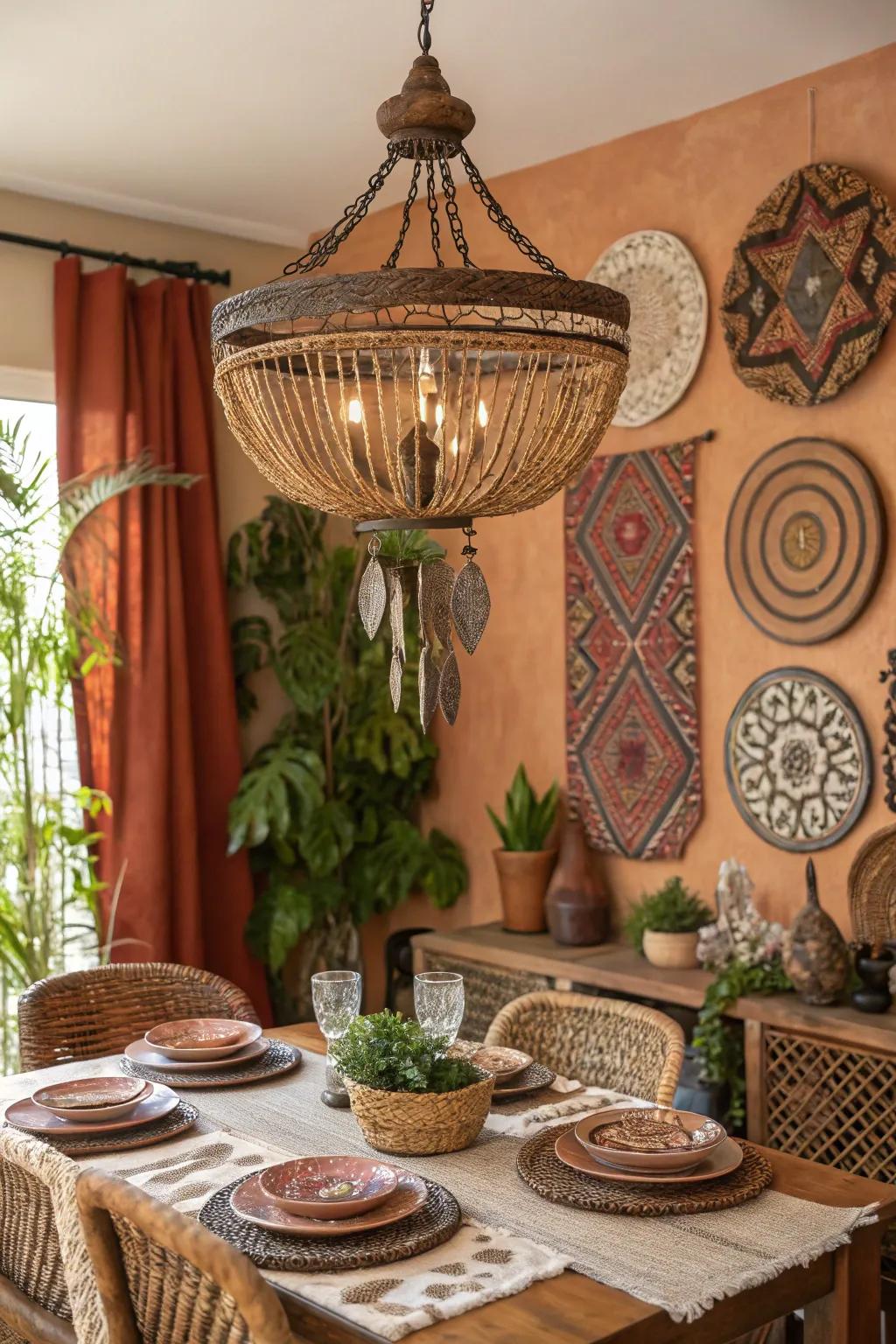 A striking ceiling light serving as the point of focus within a boho dining space.