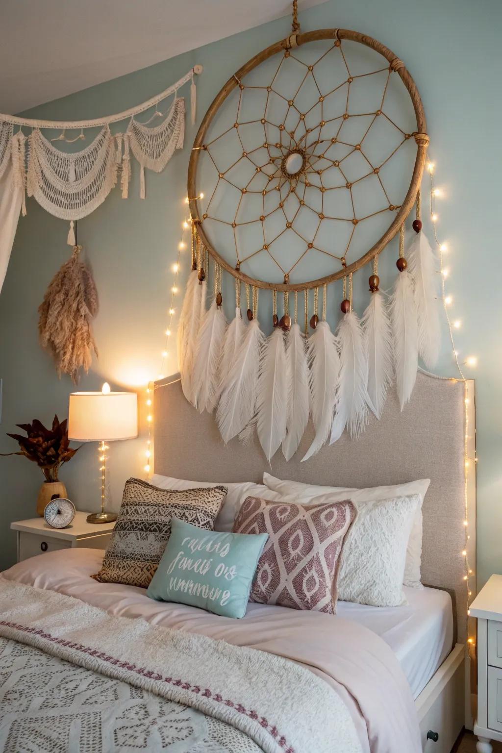 A dream catcher adds a whimsical boho touch above the bed.