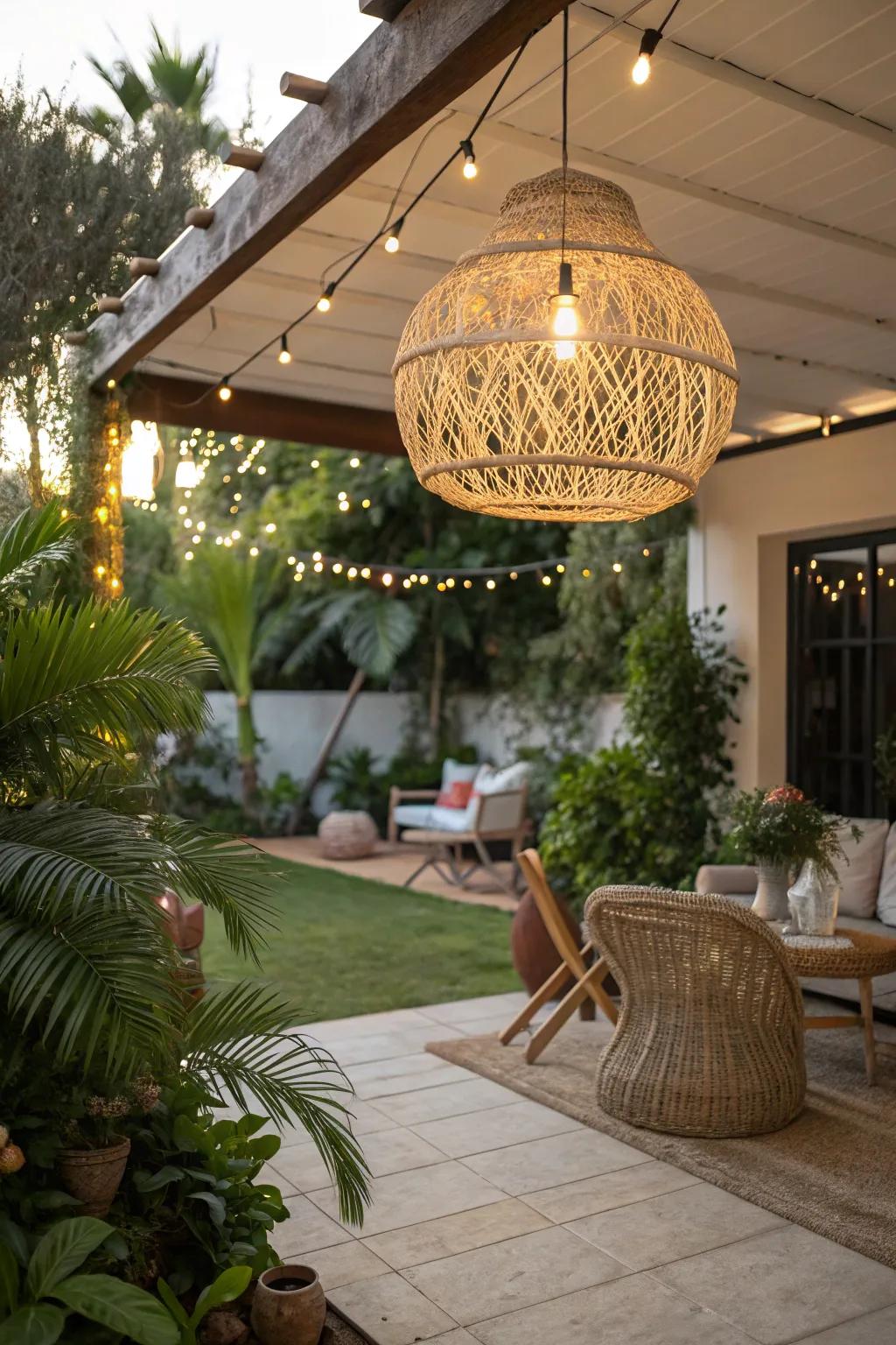 The organic fiber fixture enhances the boho charm of this patio.