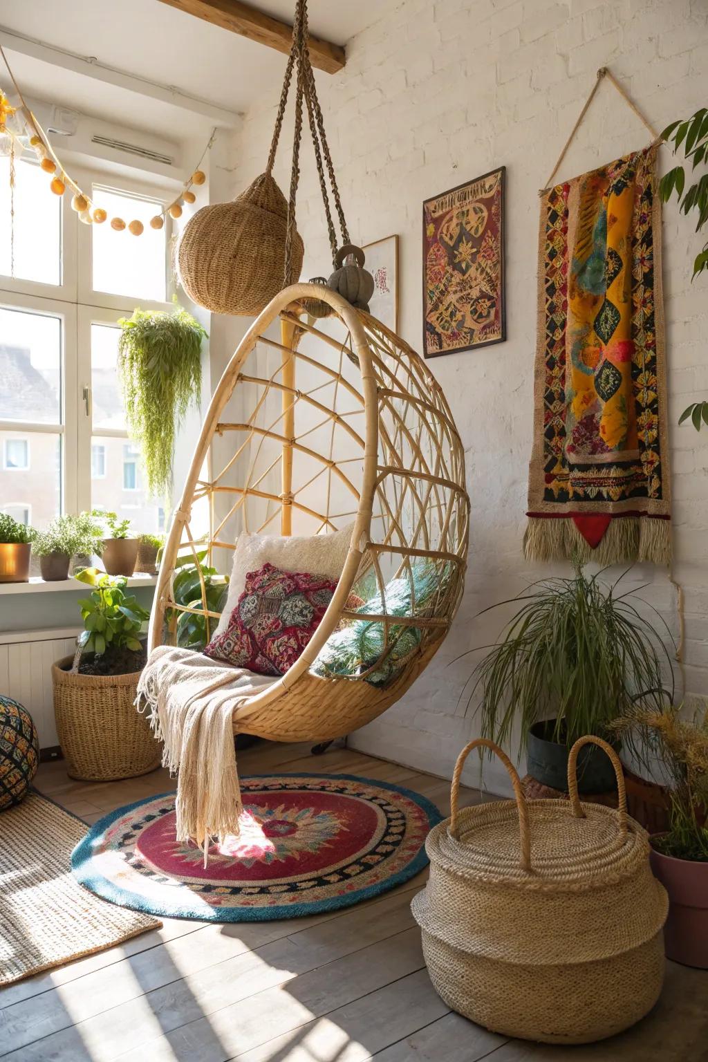A suspended chair offers a whimsical and relaxing spot in your boho loft.