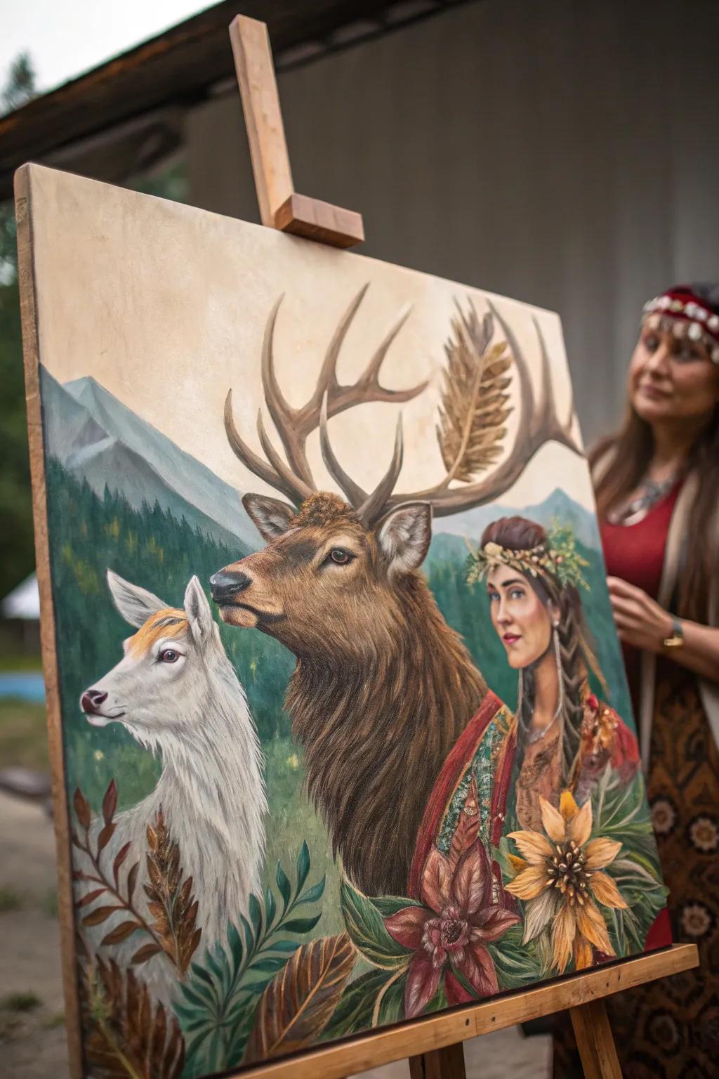 A bohemian painting that draws inspiration from the symbolic power of animal totems.