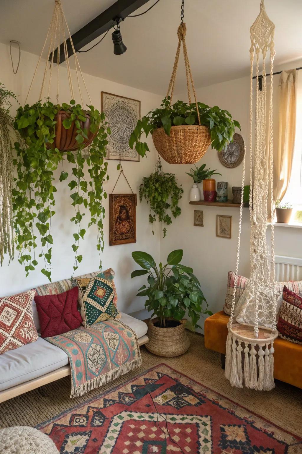 Suspended containers introduce vertical intrigue and optimize space.