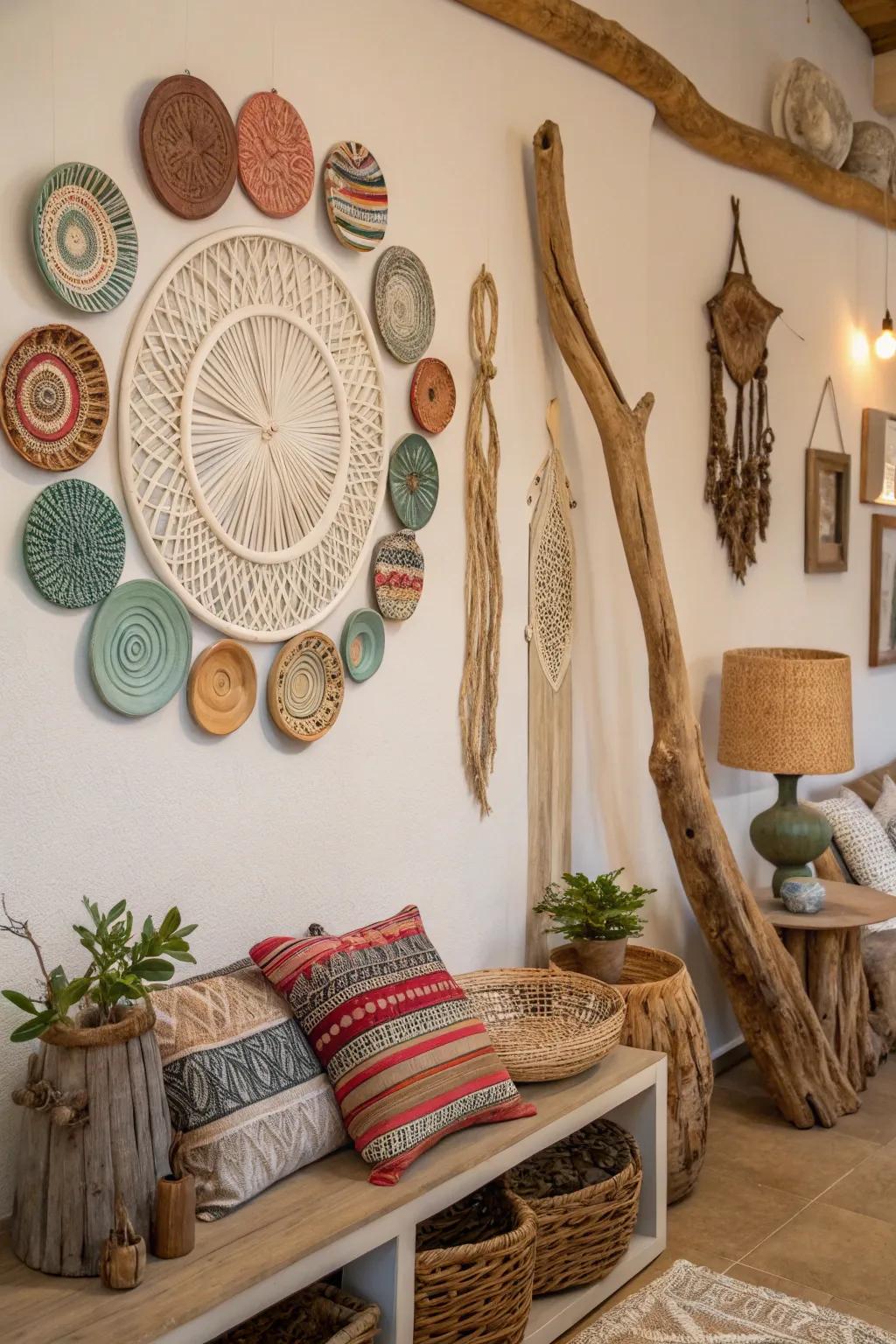Sculptural decor imparts an artistic dimension to this bohemian wall.