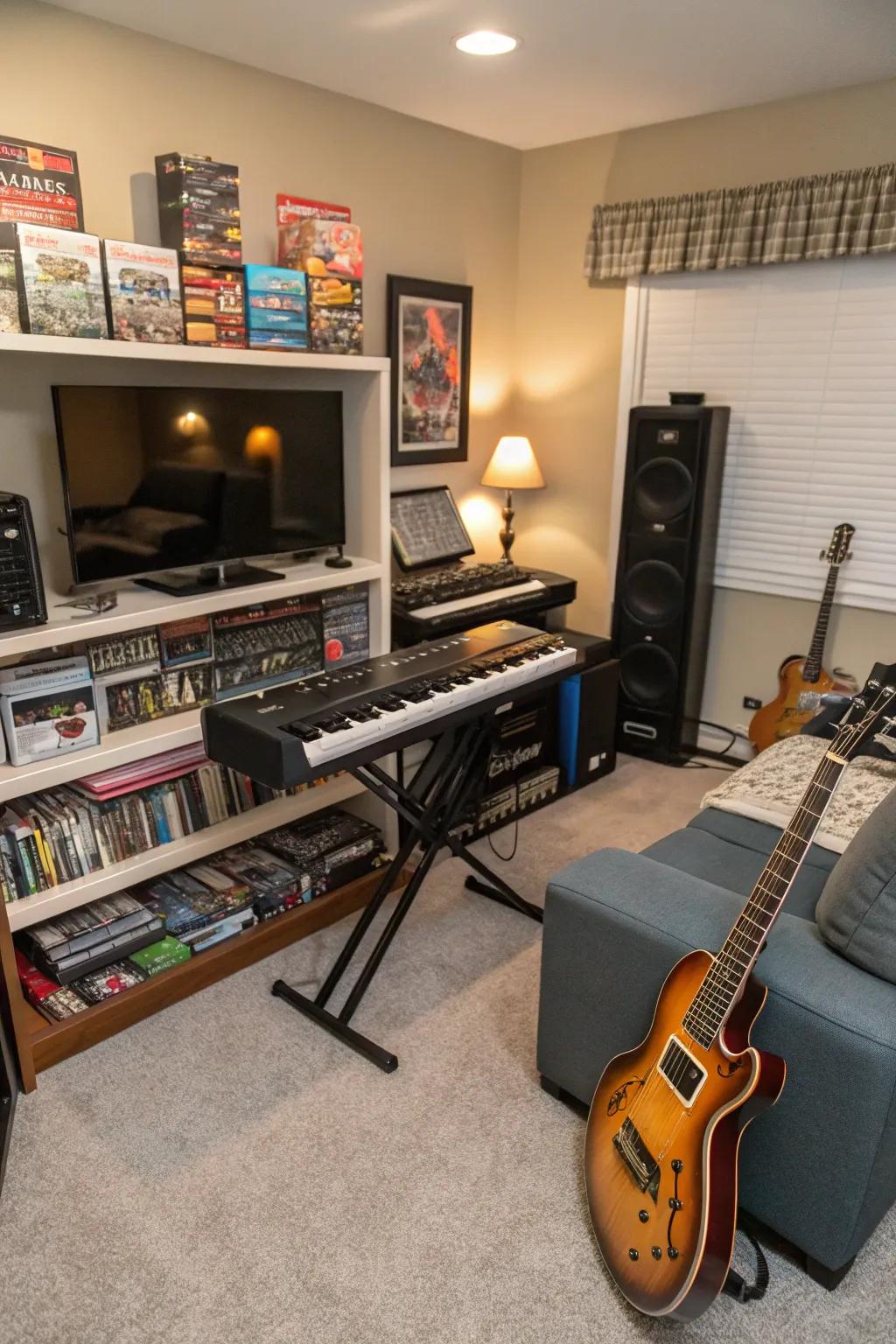 A musical corner enriches your game room design.