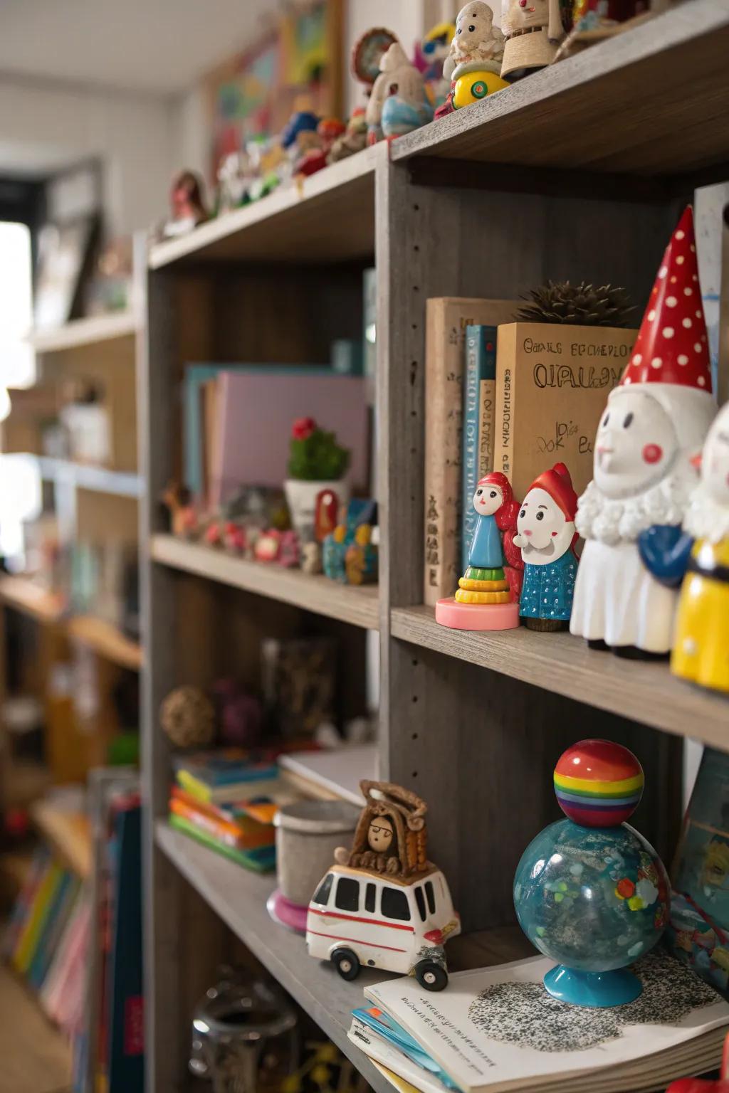 Whimsical ornamental articles infuse character and initiate dialogue pertaining to a bookshelf.